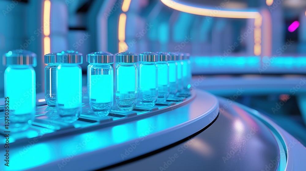 A futuristic automated system meticulously transports rows of glowing vials filled with a vibrant blue liquid along a sleek, curved conveyor belt in a sterile, high-tech laboratory A futuristic automated system meticulously transports rows of glowing vials filled with a vibrant blue liquid along a sleek, curved conveyor belt in a sterile, high-tech laboratory