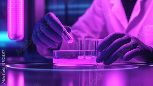 A scientist in a lab carefully pours a sample from a test tube into a petri dish du a scientific experiment under purple lighting.