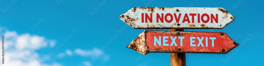 Fototapeta premium Future-Forward Business Insights Distressed Metal Innovation Signage - Transformative Entrepreneurial Roadmap for Digital Strategists and Tech Pioneers