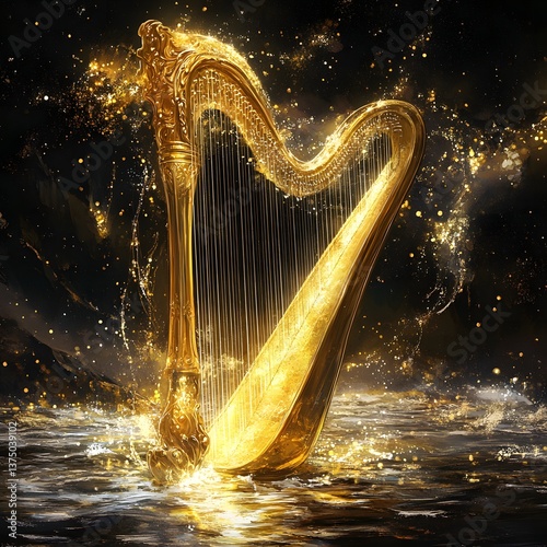 Golden harp emerging from water,  sparkling light