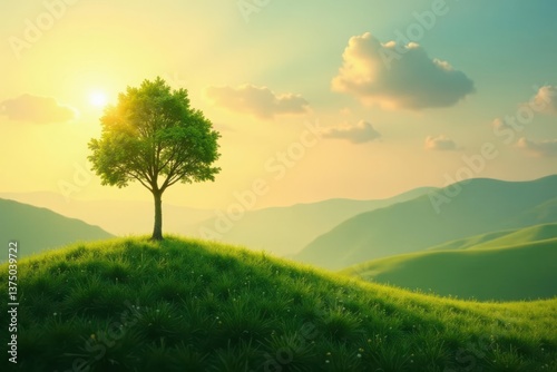 Serene Sunrise A solitary tree stands proudly atop a verdant hill, bathed in the golden light of the rising sun, overlooking a panorama of rolling hills
