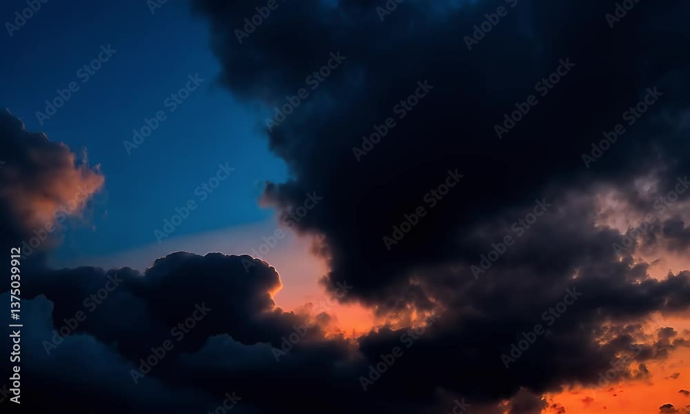 Vivid clouds frame a soft, warm sunset, creating a dramatic contrast with dark, looming formations, against a clear blue sky Vivid clouds frame a soft, warm sunset, creating a dramatic contrast with dark, looming formations, against a clear blue sky