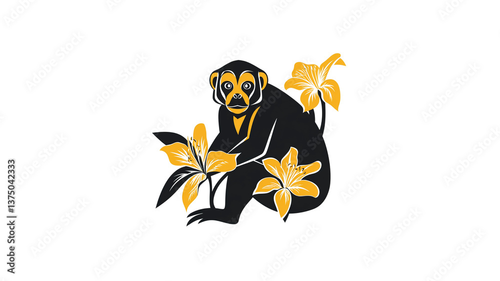 Obraz premium Elegant Black Monkey Silhouette with Golden Lilies
