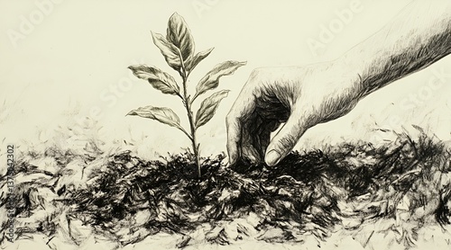 Plant with hand on the illustration 