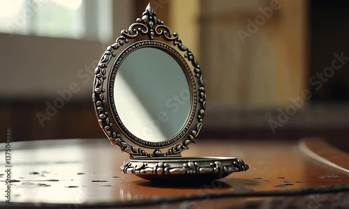 Antique Ornate Compact Mirror on Wooden Surface