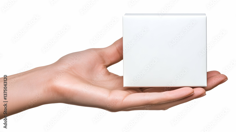 A hand gently holds a small, blank, white square box against a white background . AI generative A hand gently holds a small, blank, white square box against a white background . AI generative