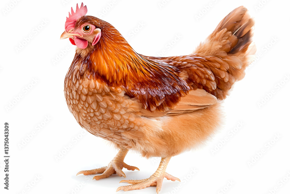 Fototapeta premium A reddish-brown hen, standing against a white background . AI generative
