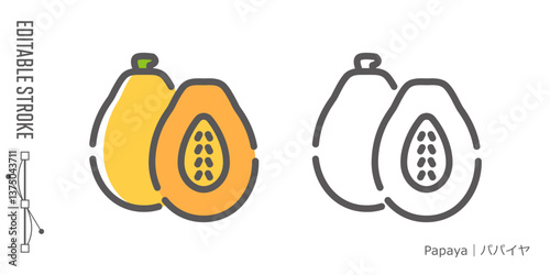 フルーツのラインアイコンと色付きアイコンのセット｜パパイヤ