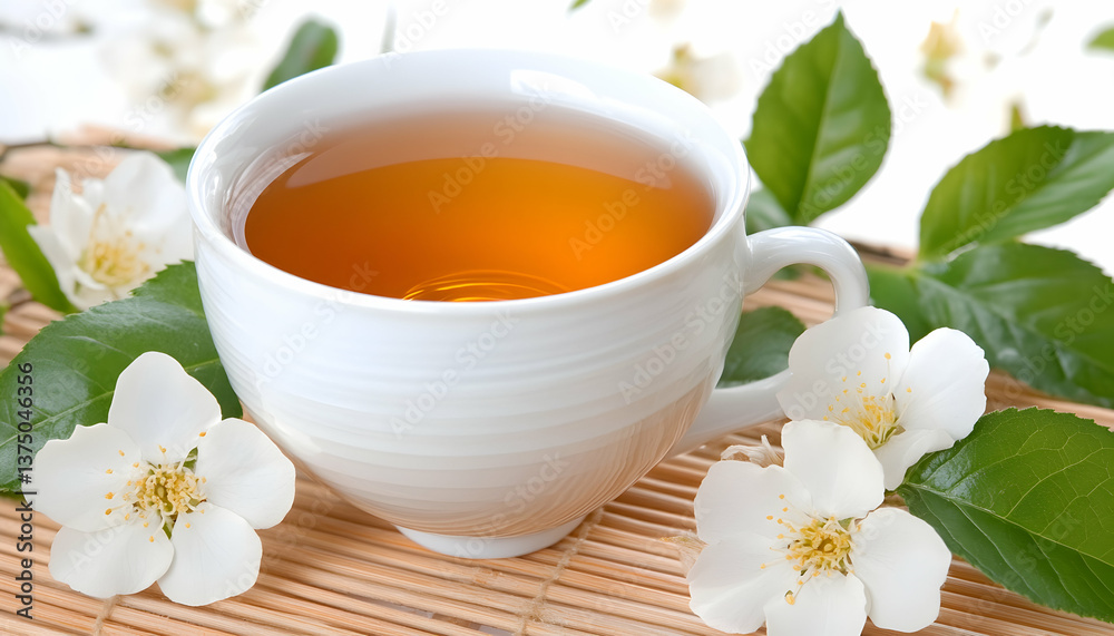Aromatic herbal tea in white cup, surrounded by blossoms and leaves on bamboo mat . AI generative Aromatic herbal tea in white cup, surrounded by blossoms and leaves on bamboo mat . AI generative