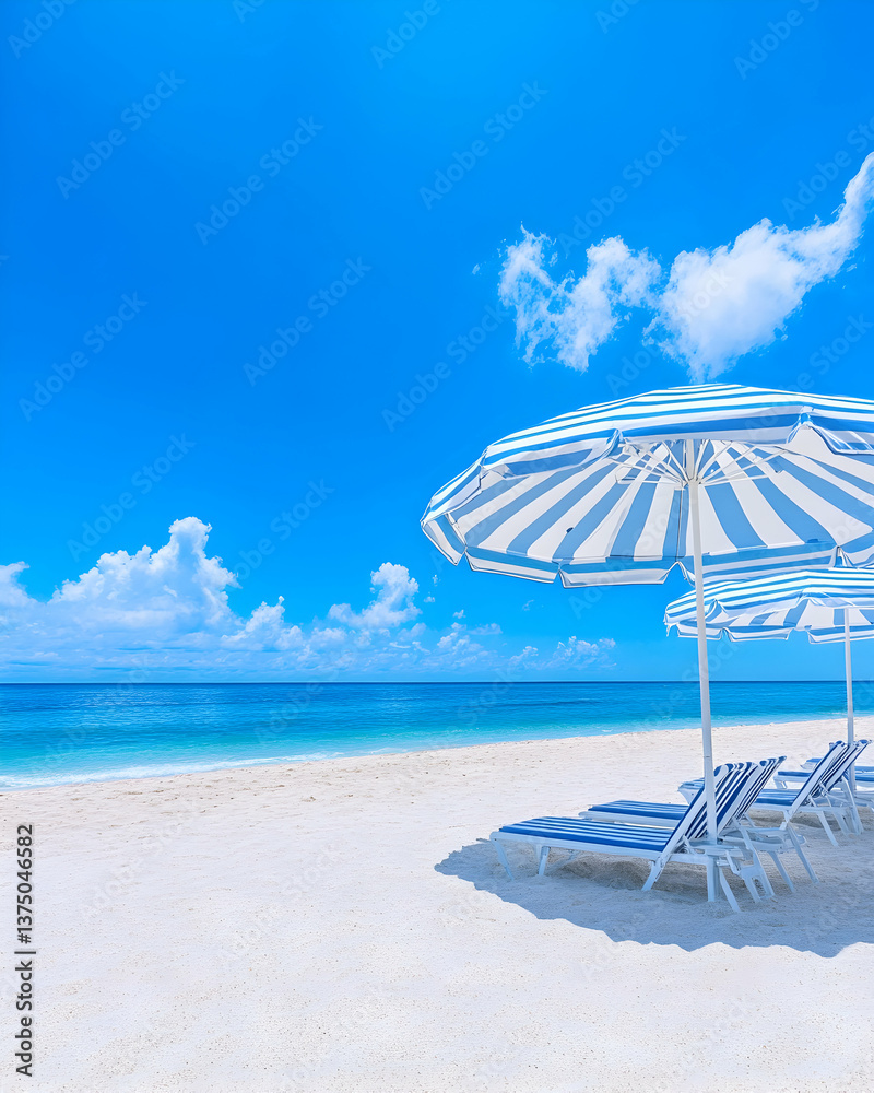 Obraz premium Beach scene with white sand, turquoise water, blue sky, and striped beach umbrellas . AI generative