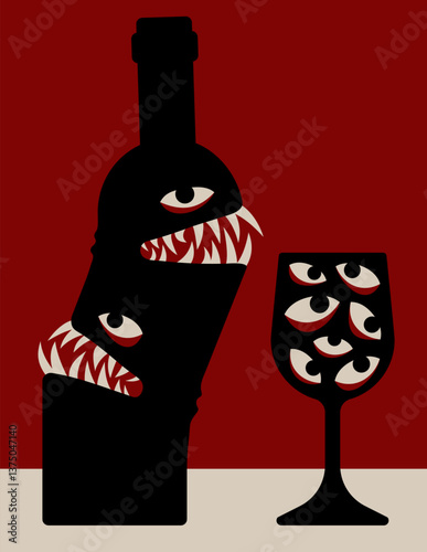 Bottle of alcohol with monster  jaws. Glass with eyes. Creepy poster about alcoholism. Flat vector illustration.