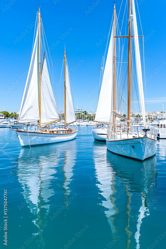 Classic sailboats anchored in a calm, clear harbor reflecting sunlight Classic sailboats anchored in a calm, clear harbor reflecting sunlight