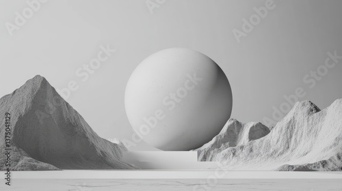 Monochromatic Mountainscape: A Giant Sphere Dominates a Minimalist Landscape