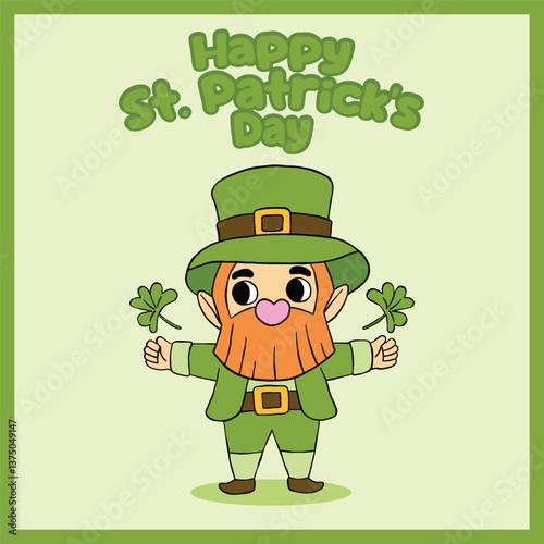 Cartoon leprechaun joyfully holding shamrocks in both hands, symbolizing Irish luck and celebration on St. Patrick’s Day