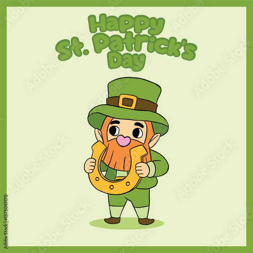 Cartoon leprechaun smiling while holding a golden horseshoe, symbolizing luck and Irish tradition on St. Patrick’s Day