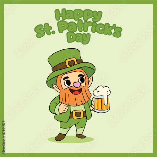 Cartoon leprechaun smiling with a frothy beer mug in hand, celebrating the joyful spirit of St. Patrick’s Day