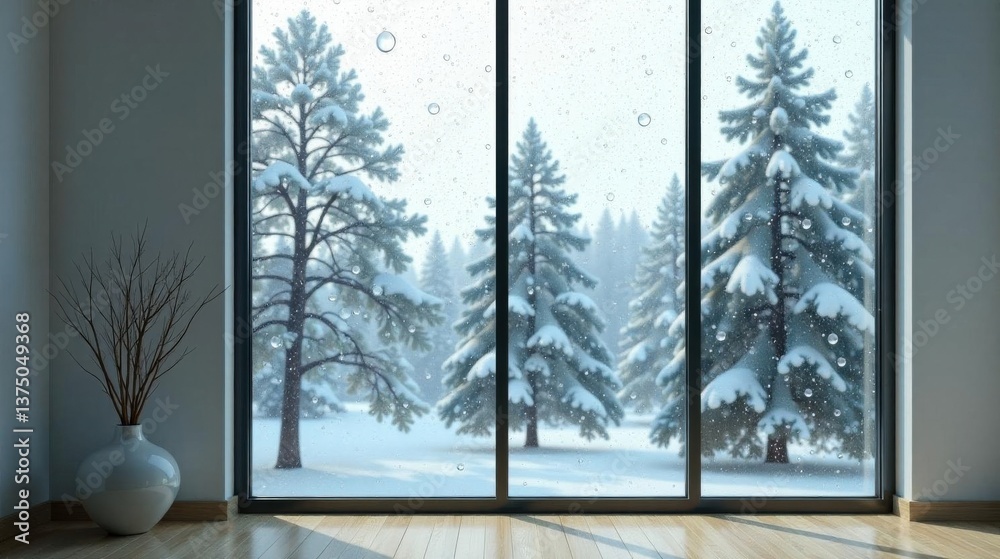 Fototapeta premium Serene Winter Landscape Viewed Through a Modern Window Pane