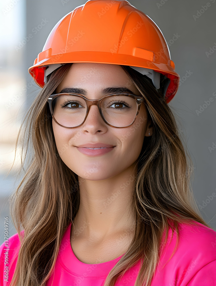 Confident woman engineer smiling, wearing safety helmet and glasses Confident woman engineer smiling, wearing safety helmet and glasses