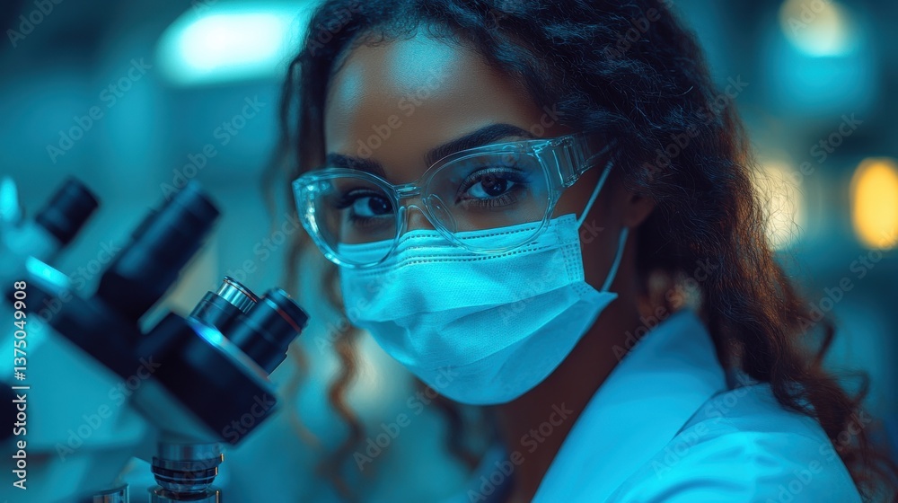 Focused medical researcher wearing PPE using a microscope in a blue-toned laboratory environment. Focused medical researcher wearing PPE using a microscope in a blue-toned laboratory environment.