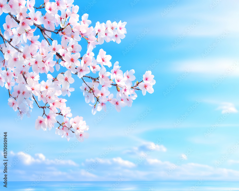 Delicate cherry blossoms against a vibrant blue sky and calm sea . AI generative Delicate cherry blossoms against a vibrant blue sky and calm sea . AI generative