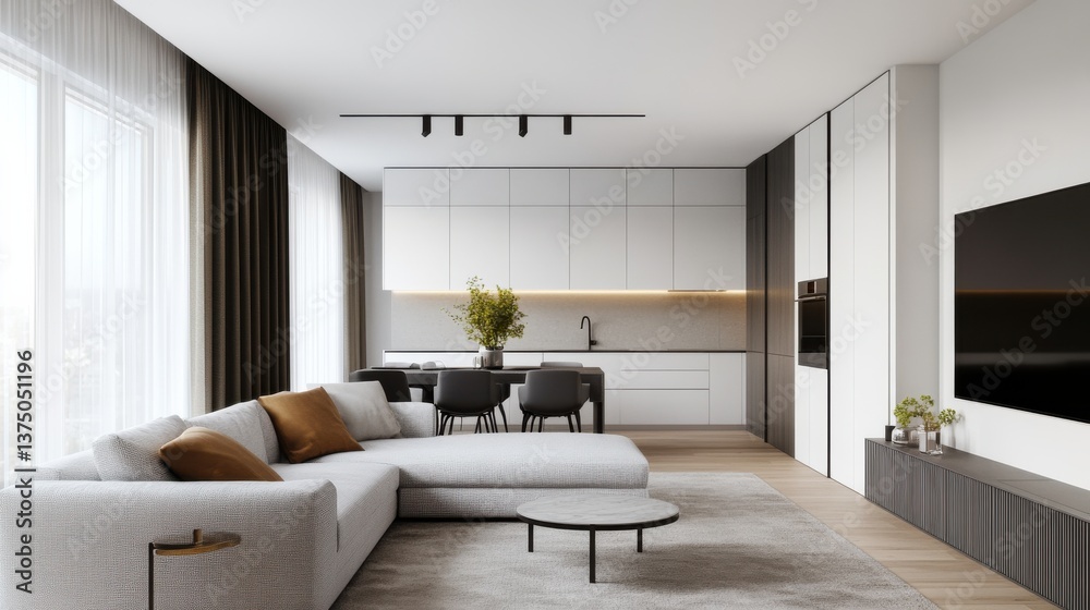 Fototapeta premium Minimalist interior design neutral tones space planning. Modern living room with minimalist design, featuring a sofa, dining area, and stylish decor.