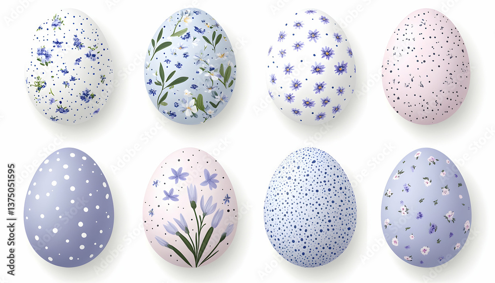 Eight pastel Easter eggs with various floral and polka dot patterns . AI generative Eight pastel Easter eggs with various floral and polka dot patterns . AI generative