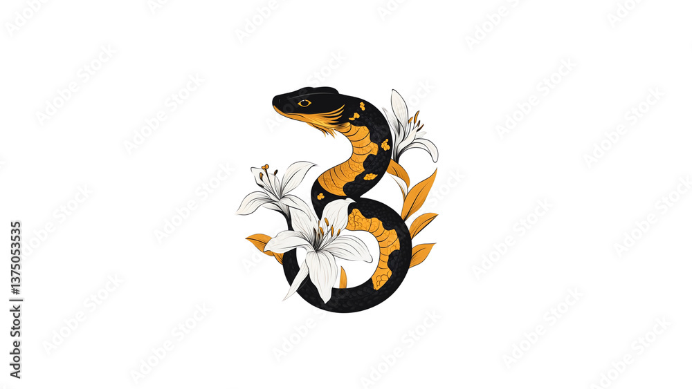 Obraz premium Elegant Black and Gold Snake with White Lilies - Dark Background