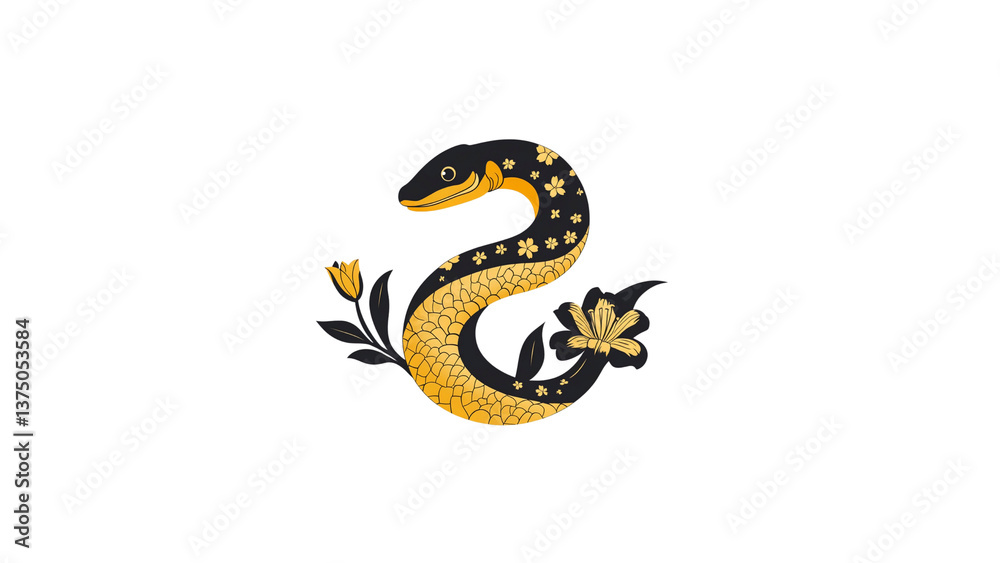 Fototapeta premium Elegant Ornate Snake with Floral Design - Black and Gold