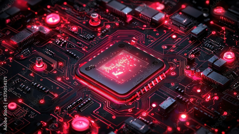 Fototapeta premium Glowing Red Circuit Board with Central Processing Unit