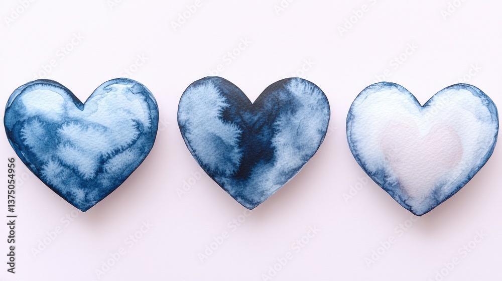 Fototapeta premium Three Watercolor Hearts: Shades of Blue and White