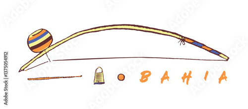 Vector illustration of berimbau. Handmade art of musical instrument with reference to Bahia, Brazil.