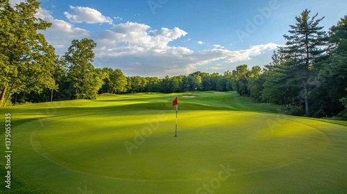 A close-up of a golf course green with the flagstick and hole at the center.