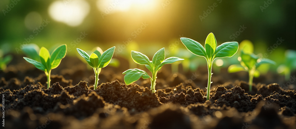 Emerging seedlings in rich soil, bathed in sunlight. Agriculture, farming, agro-industry. Ideal for spring, growth, and environmental projects. Copy space available. Emerging seedlings in rich soil, bathed in sunlight. Agriculture, farming, agro-industry. Ideal for spring, growth, and environmental projects. Copy space available.