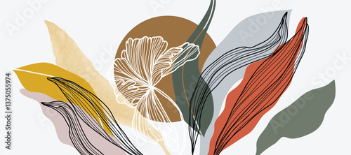 Abstract line flower and earth tone color Background. Wallpaper design with floral, leaves in line art and watercolor. Botanical Illustration for banner, card, packaging, interior, ads.