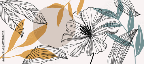 Abstract line flower and earth tone color Background. Wallpaper design with floral, leaves in line art and watercolor. Botanical Illustration for banner, card, packaging, interior, ads.