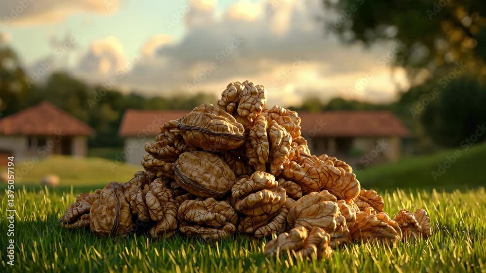 Kernel Hard Seed, Freshly harvested walnuts with textured shells and exposed nuts