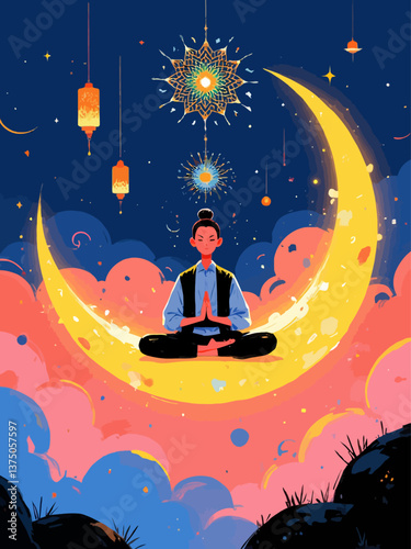a mystical yogi sitting in a lotus position on a floating crescent moon