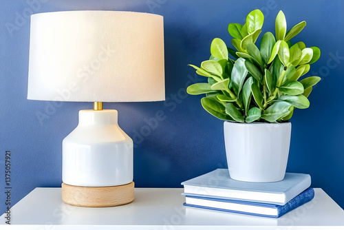 Illuminated table lamp, potted plant, and books on a white shelf against a blue wall . AI generative