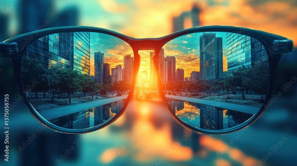 Cityscape Sunrise Reflection in Sunglasses Cityscape Sunrise Reflection in Sunglasses
