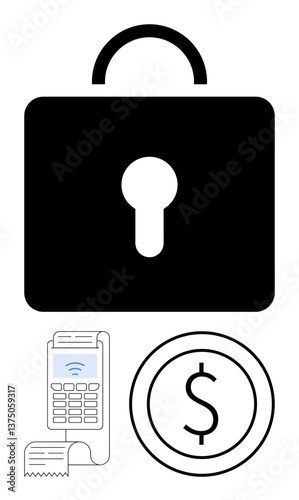Lock icon emphasizes security, with a payment terminal and printed receipt depicting transactions. Dollar icon represents finance. Ideal for payment safety, fintech, transactions, e-commerce