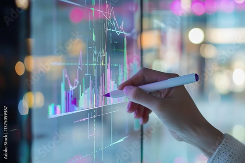 A hand holding a pen analyzes a digital financial graph on a screen, showcasing market trends with colorful data visualizations.