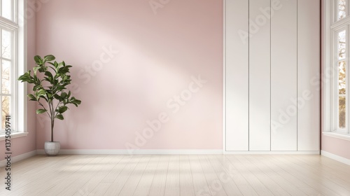 Minimalist interior design neutral tones  space planning. Minimalist room with pink walls, large windows, and a potted plant.