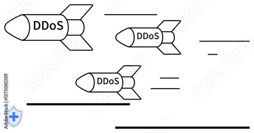 Incoming missiles labeled DDoS target a vulnerable area with a small shield protecting against impact. Ideal for cybersecurity, network defense, data safety, threat visualization, online protection