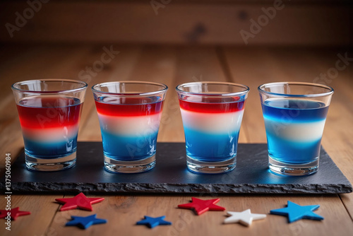 tray with four shot glasses filled with red white and blue jello
