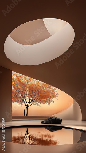 Contemplative figure by a reflective pond and autumn tree