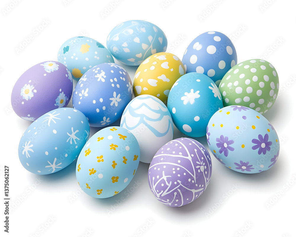 Pastel Easter eggs with floral and geometric patterns arranged on white background . AI generative Pastel Easter eggs with floral and geometric patterns arranged on white background . AI generative