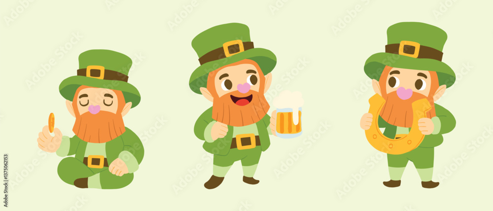 Obraz premium Cartoon leprechauns in festive poses holding a gold coin, beer mug, and lucky horseshoe for St. Patrick's Day celebrations