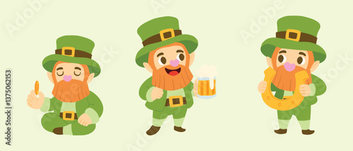 Cartoon leprechauns in festive poses holding a gold coin, beer mug, and lucky horseshoe for St. Patrick's Day celebrations