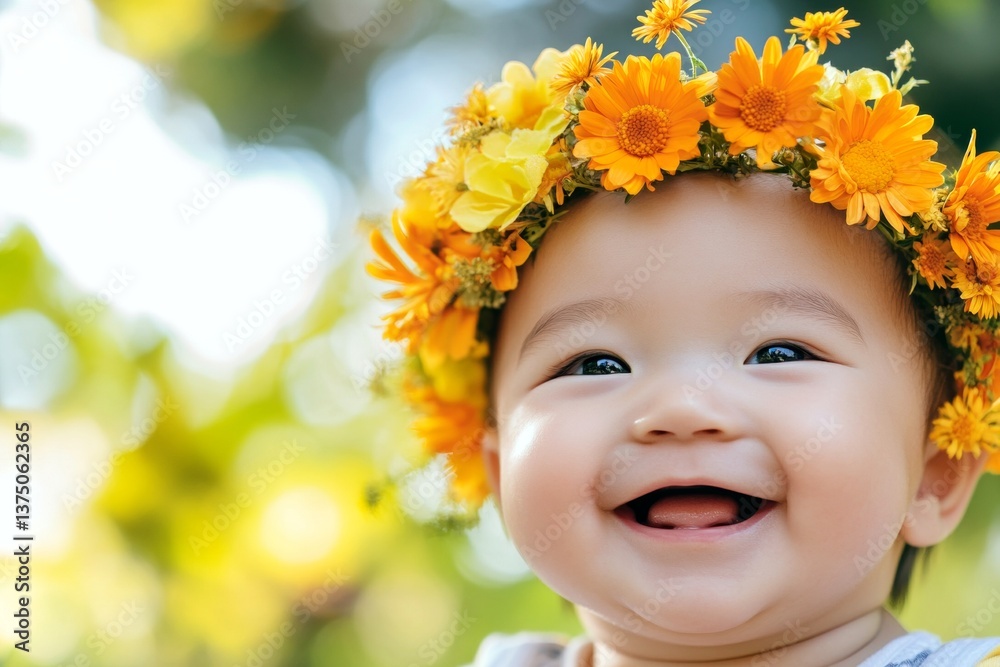 Happy sunny days holidays creative. Sunny daylight. Smiling asian infant boy with tt hair wearing orange flower crown on his head. Dreamy summer scene with a boy. Radiant summer joy for boys. Happy sunny days holidays creative. Sunny daylight. Smiling asian infant boy with tt hair wearing orange flower crown on his head. Dreamy summer scene with a boy. Radiant summer joy for boys.
