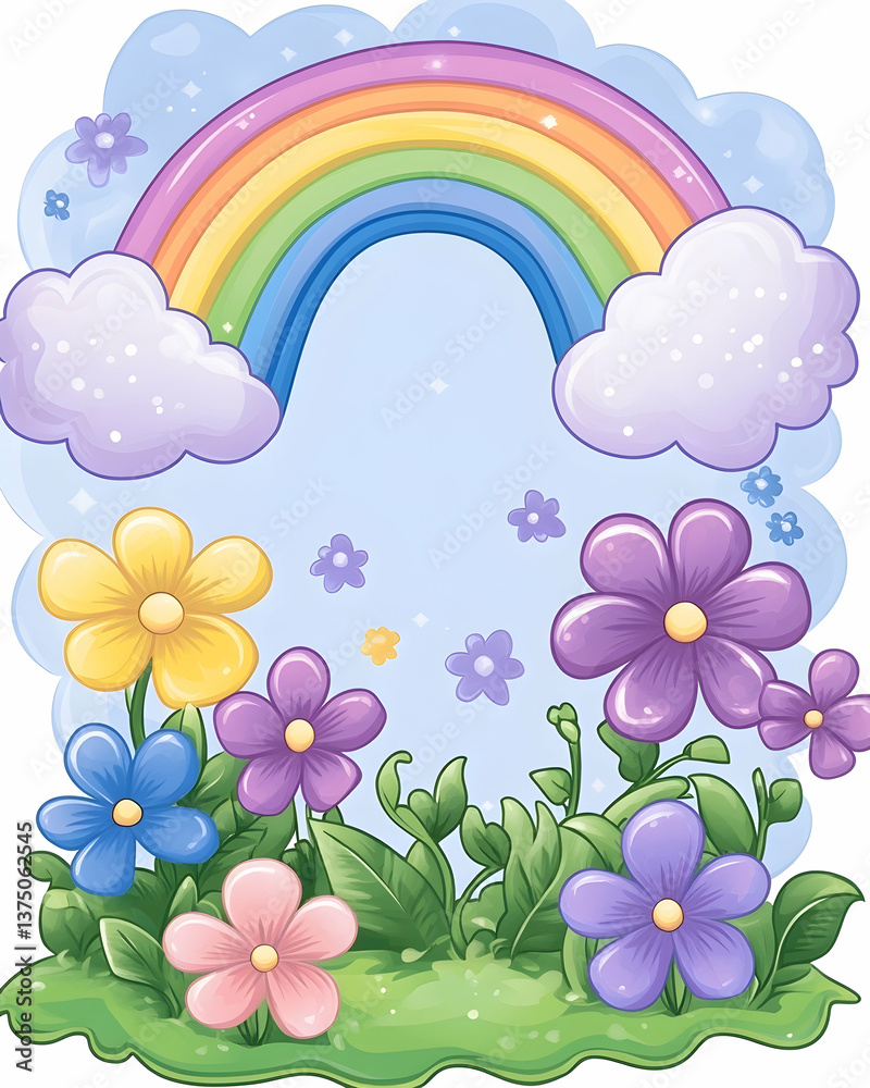 Pastel rainbow arch over vibrant flowers and fluffy clouds in a whimsical garden scene . AI generative Pastel rainbow arch over vibrant flowers and fluffy clouds in a whimsical garden scene . AI generative